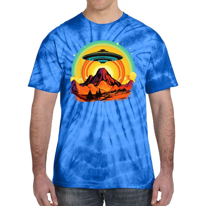 Groovy Retro UFO Alien Encounter Over Red Rock Formations Tie-Dye T-Shirt