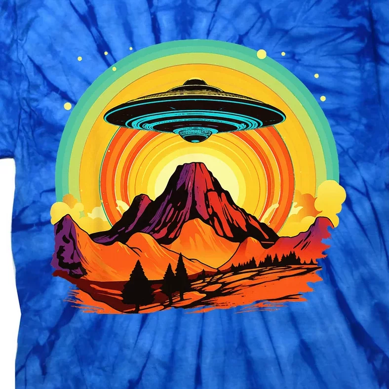 Groovy Retro UFO Alien Encounter Over Red Rock Formations Tie-Dye T-Shirt