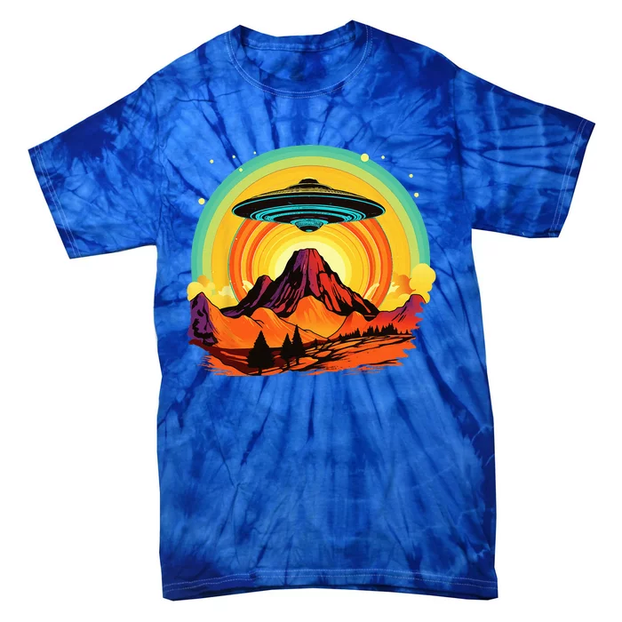 Groovy Retro UFO Alien Encounter Over Red Rock Formations Tie-Dye T-Shirt