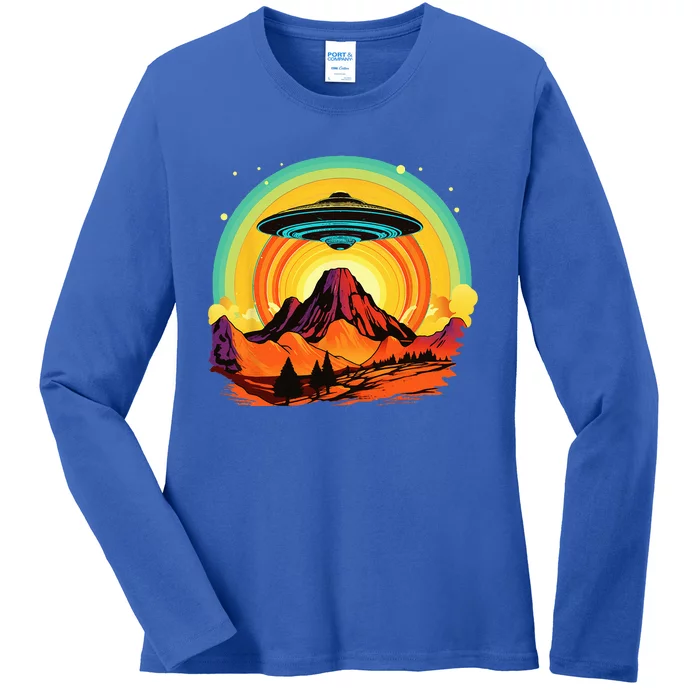 Groovy Retro UFO Alien Encounter Over Red Rock Formations Ladies Long Sleeve Shirt