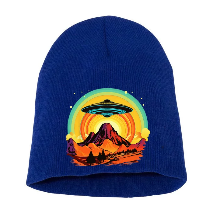 Groovy Retro UFO Alien Encounter Over Red Rock Formations Short Acrylic Beanie