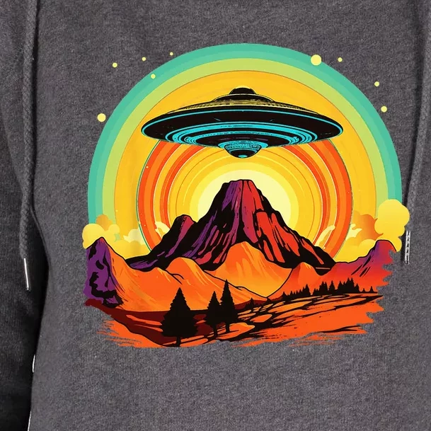 Groovy Retro UFO Alien Encounter Over Red Rock Formations Womens Funnel Neck Pullover Hood