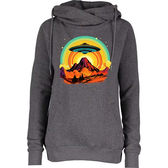 Groovy Retro UFO Alien Encounter Over Red Rock Formations Womens Funnel Neck Pullover Hood