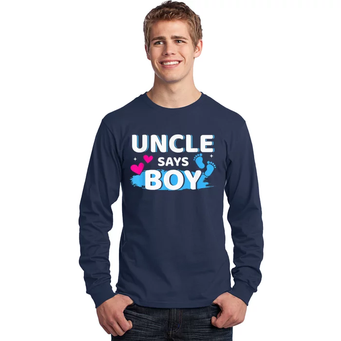 Gender reveal uncle says boy matching family baby party Long Sleeve Shirt