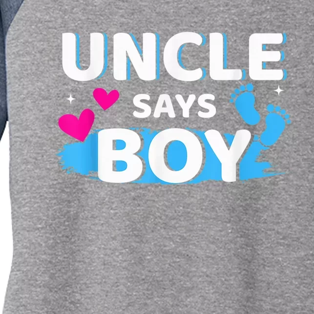 Gender reveal uncle says boy matching family baby party Women's Tri-Blend 3/4-Sleeve Raglan Shirt