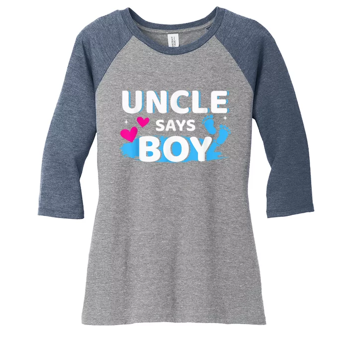 Gender reveal uncle says boy matching family baby party Women's Tri-Blend 3/4-Sleeve Raglan Shirt