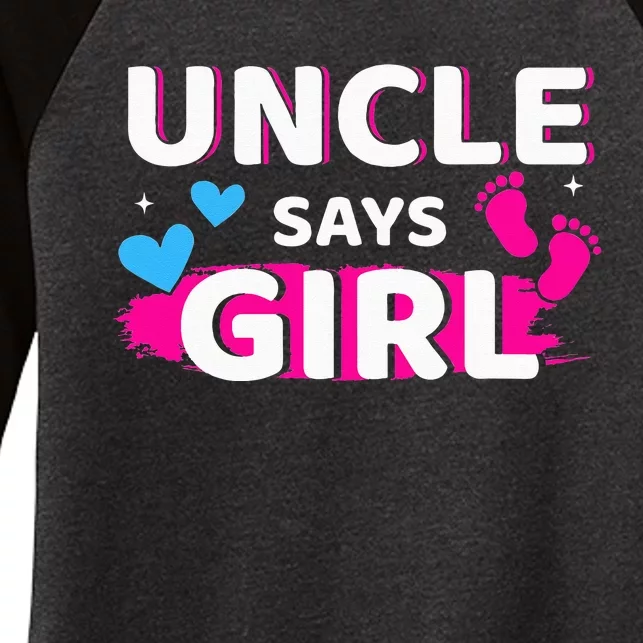 Gender reveal uncle says matching family baby party Women's Tri-Blend 3/4-Sleeve Raglan Shirt