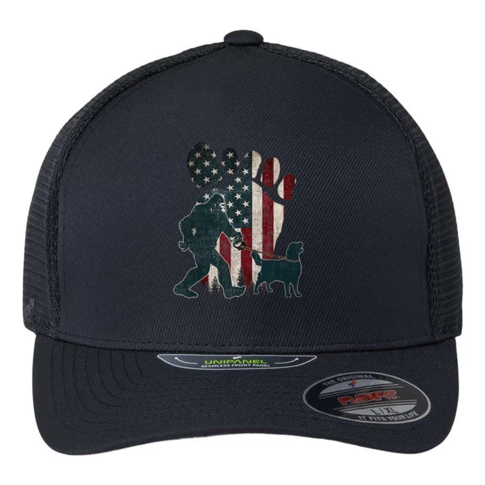 Golden Retriever Usa Flag Bigfoot American 4th Of July Dogs Flexfit Unipanel Trucker Cap