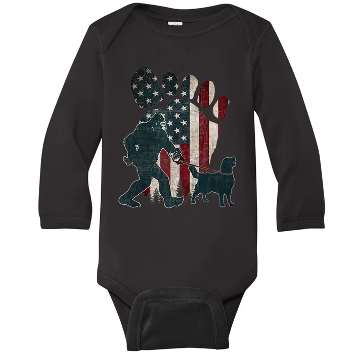 Golden Retriever Usa Flag Bigfoot American 4th Of July Dogs Baby Long Sleeve Bodysuit