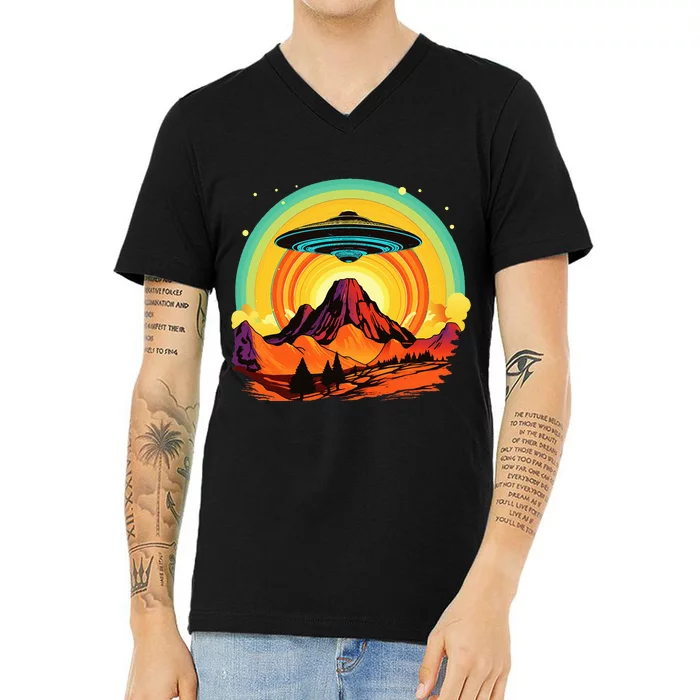 Groovy Retro UFO Alien Encounter Over Red Rock Formations V-Neck T-Shirt