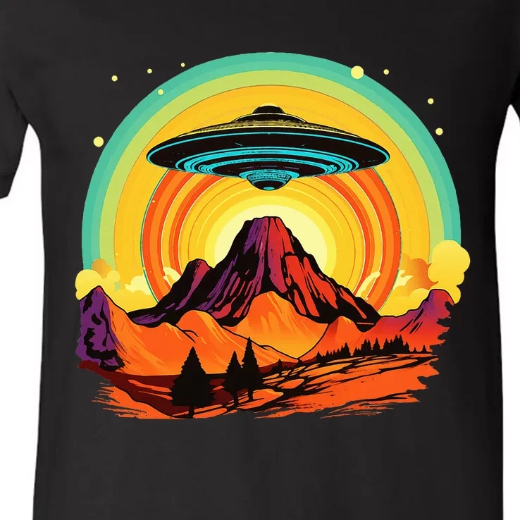 Groovy Retro UFO Alien Encounter Over Red Rock Formations V-Neck T-Shirt