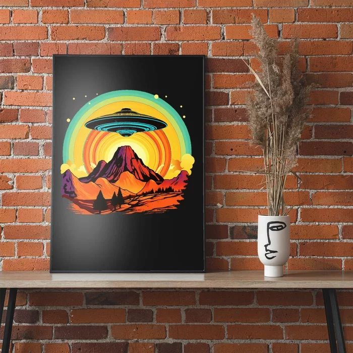 Groovy Retro UFO Alien Encounter Over Red Rock Formations Poster