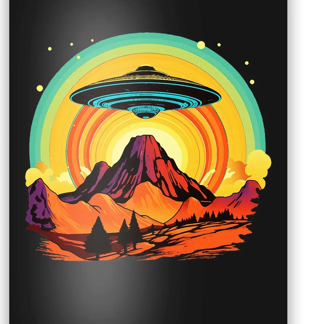 Groovy Retro UFO Alien Encounter Over Red Rock Formations Poster