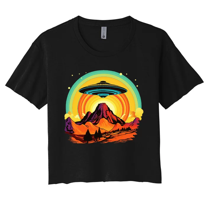 Groovy Retro UFO Alien Encounter Over Red Rock Formations Women's Crop Top Tee