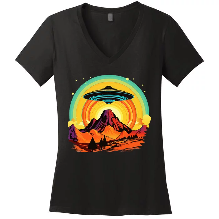 Groovy Retro UFO Alien Encounter Over Red Rock Formations Women's V-Neck T-Shirt