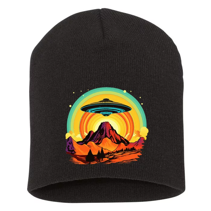 Groovy Retro UFO Alien Encounter Over Red Rock Formations Short Acrylic Beanie