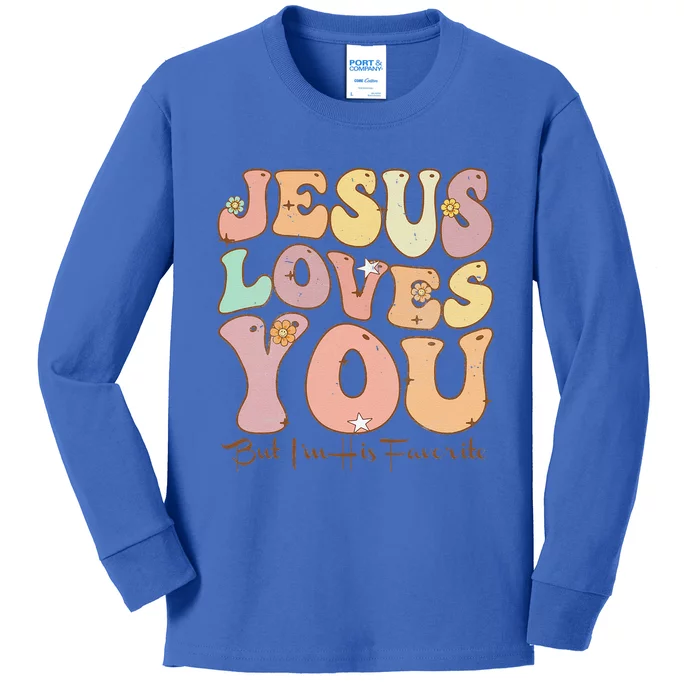 Groovy Retro Vintage Jesus Loves You But Im His Favorite Kids Long Sleeve Shirt