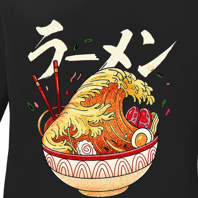 Great Ramen Wave Of Kanagawa Japanese Noodles Udon Kanji Ladies Long Sleeve Shirt