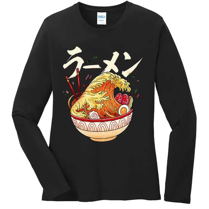 Great Ramen Wave Of Kanagawa Japanese Noodles Udon Kanji Ladies Long Sleeve Shirt