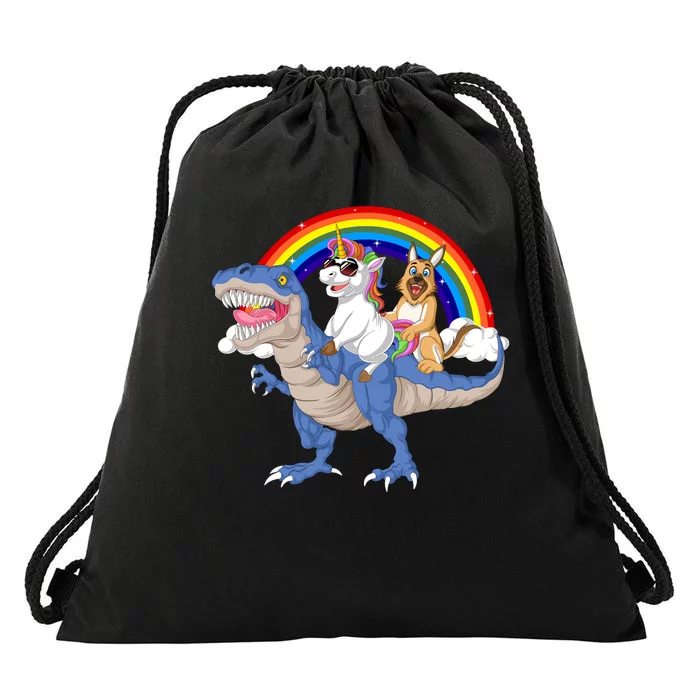 German Shepherd And Unicorn Riding Dinosaur Drawstring Bag