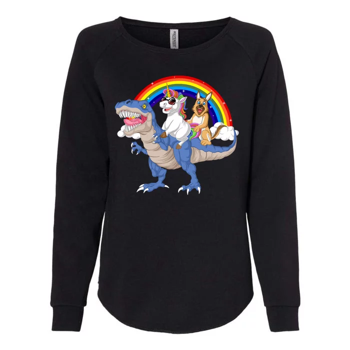 German Shepherd And Unicorn Riding Dinosaur Womens California Wash Sweatshirt