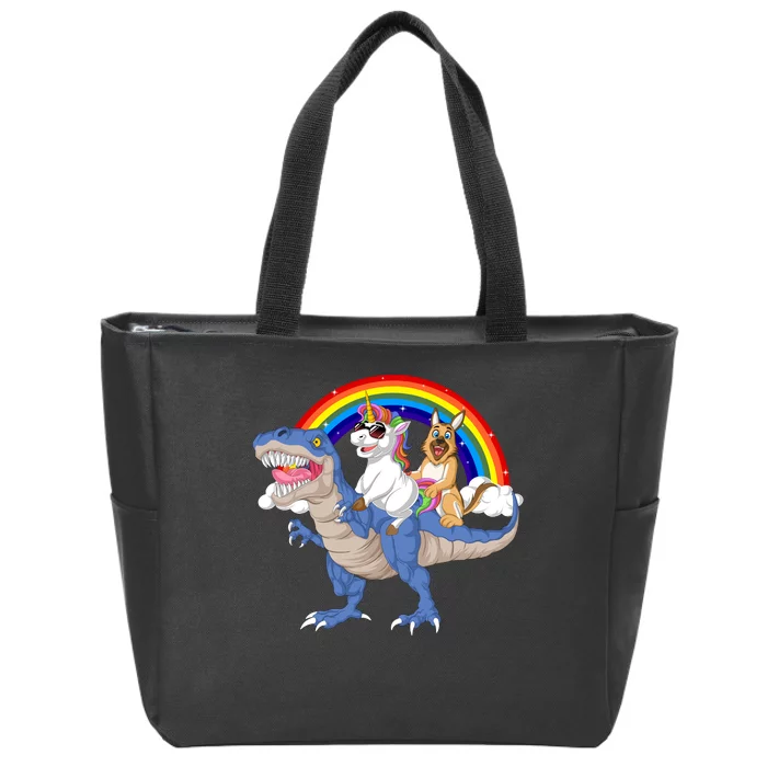 German Shepherd And Unicorn Riding Dinosaur Zip Tote Bag