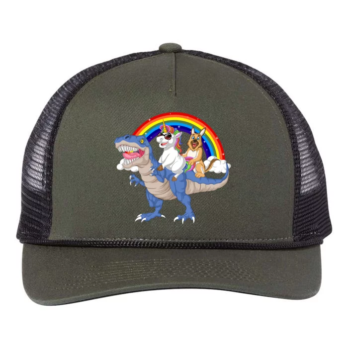 German Shepherd And Unicorn Riding Dinosaur Retro Rope Trucker Hat Cap