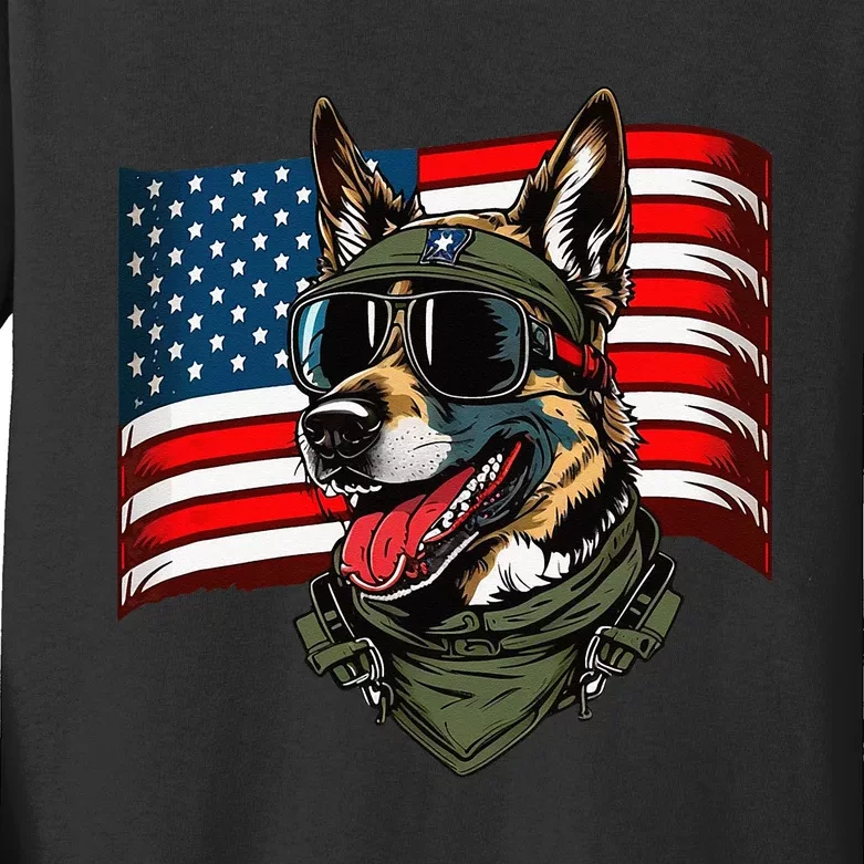 German Shepherd American Dog Soldier 4th Of July Kids Long Sleeve Shirt