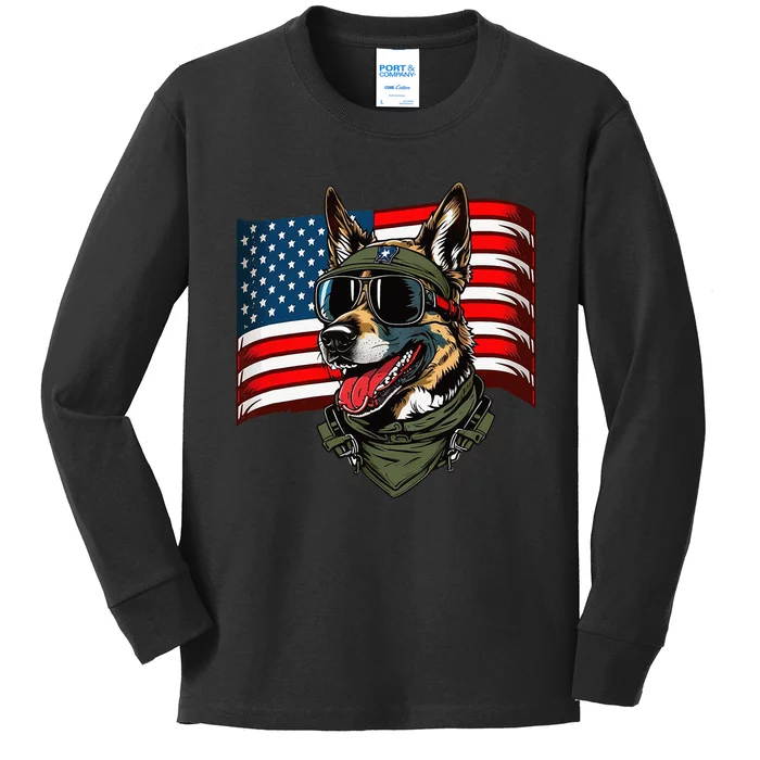 German Shepherd American Dog Soldier 4th Of July Kids Long Sleeve Shirt