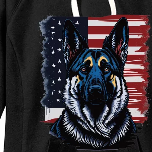 German Shepherd American Flag Usa Patriotic Dog Gift Women's Fleece Hoodie