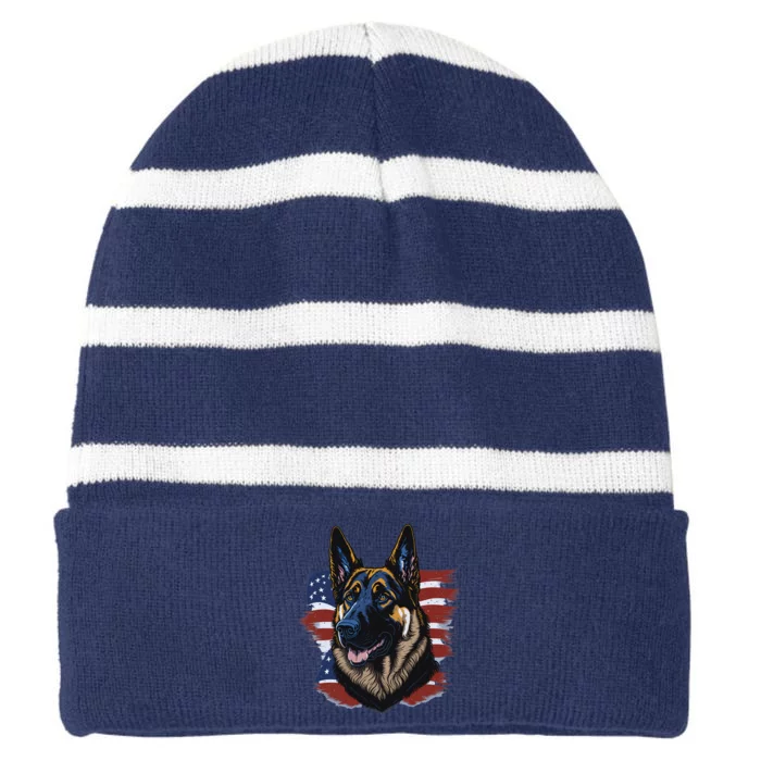 German Shepherd American Flag Dog Striped Beanie with Solid Band