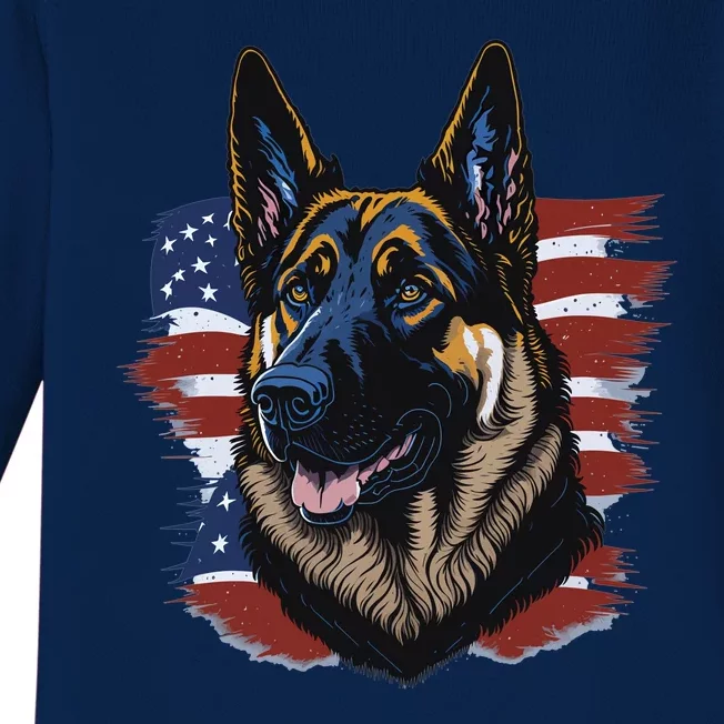 German Shepherd American Flag Dog Baby Long Sleeve Bodysuit