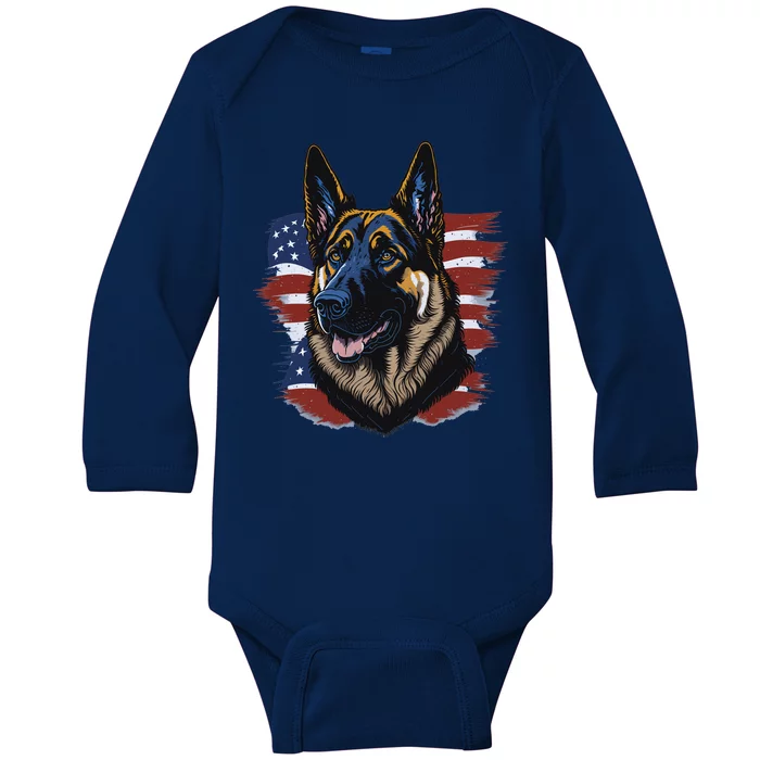 German Shepherd American Flag Dog Baby Long Sleeve Bodysuit