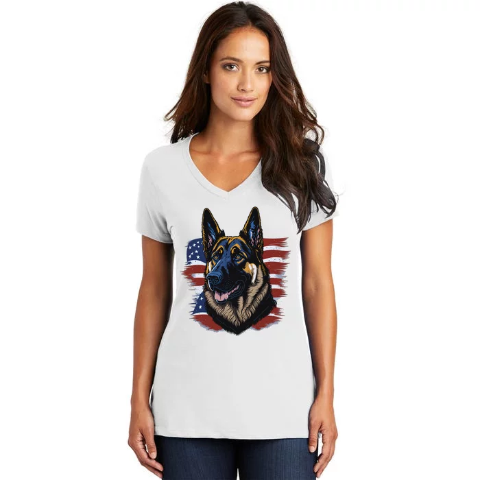 German Shepherd American Flag Dog Women's V-Neck T-Shirt