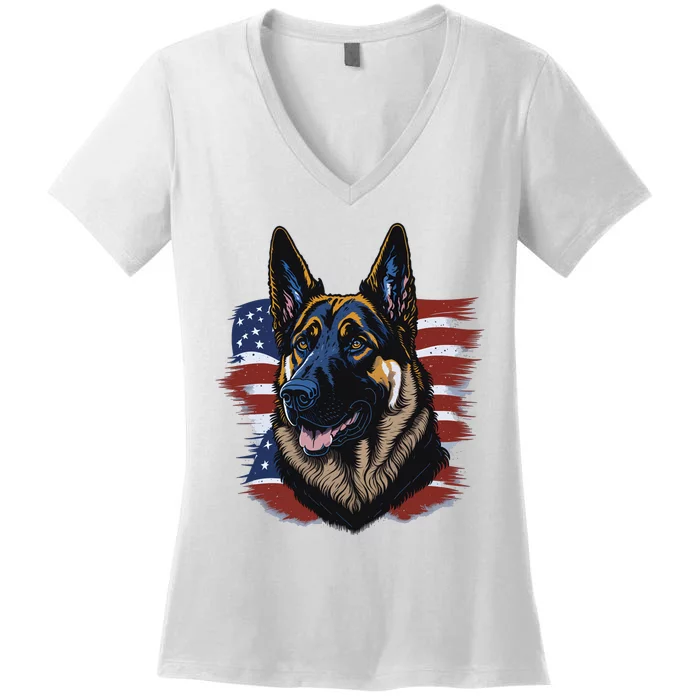 German Shepherd American Flag Dog Women's V-Neck T-Shirt