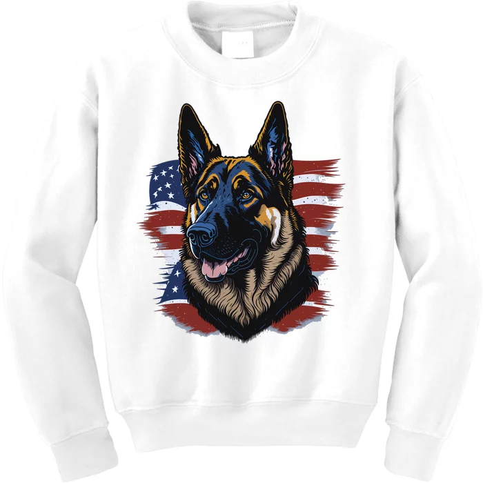 German Shepherd American Flag Dog Kids Sweatshirt