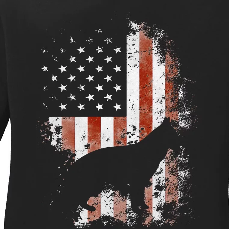 German Shepherd American Flag USA Patriotic Dog Gift Ladies Long Sleeve Shirt