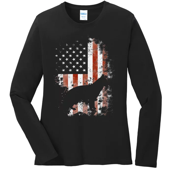 German Shepherd American Flag USA Patriotic Dog Gift Ladies Long Sleeve Shirt