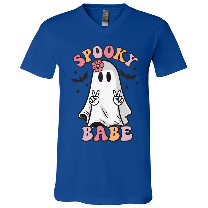 Groovy Spooky Babe Vibes Ghost Hippie Halloween Gift V-Neck T-Shirt