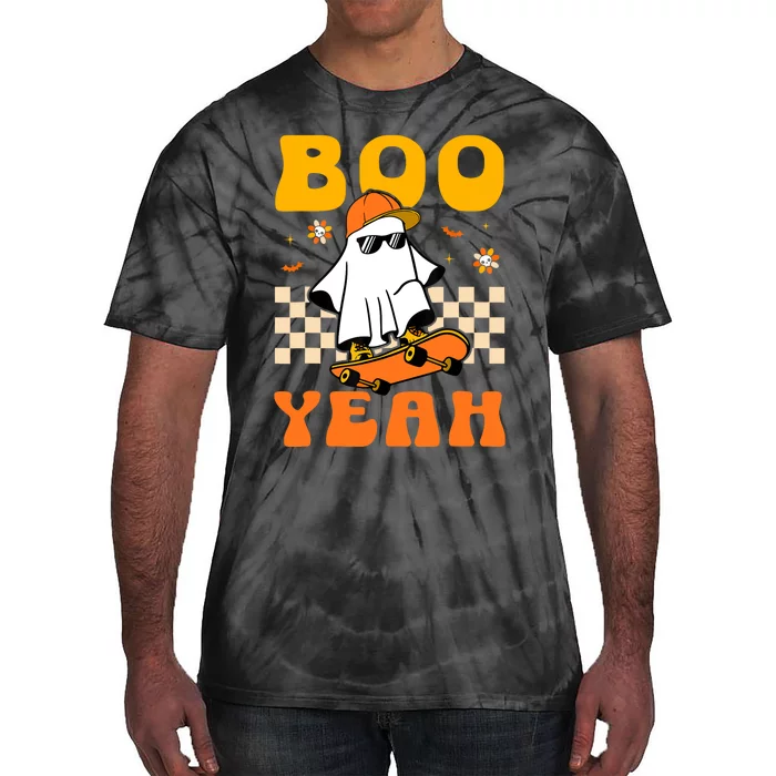 Ghost Skateboard Boo Yeah Groovy Halloween Costumes Boy Tie-Dye T-Shirt