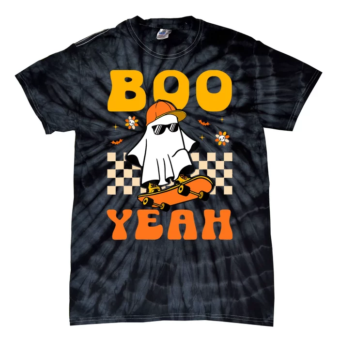 Ghost Skateboard Boo Yeah Groovy Halloween Costumes Boy Tie-Dye T-Shirt