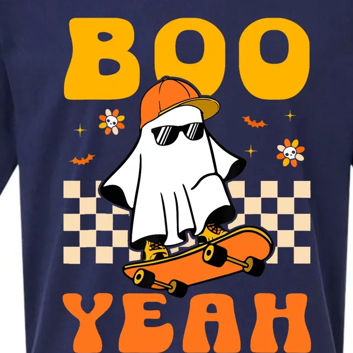 Ghost Skateboard Boo Yeah Groovy Halloween Costumes Boy Sueded Cloud Jersey T-Shirt