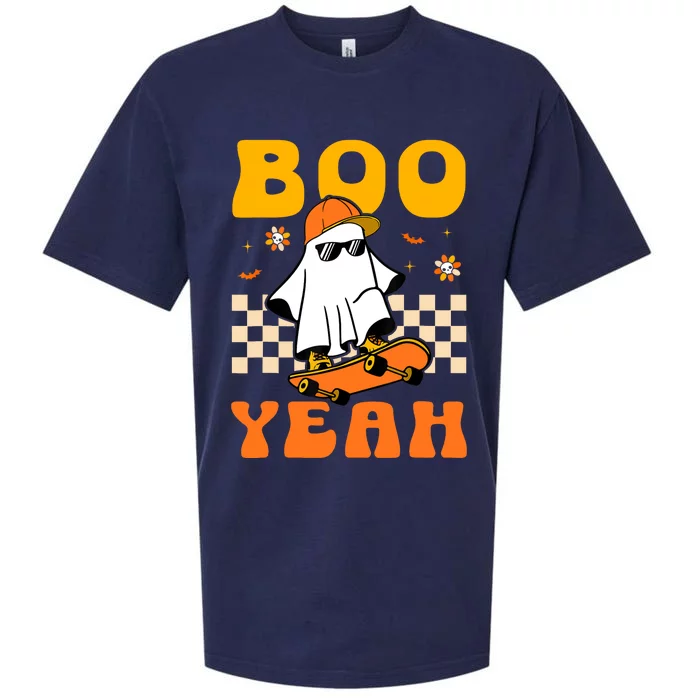 Ghost Skateboard Boo Yeah Groovy Halloween Costumes Boy Sueded Cloud Jersey T-Shirt