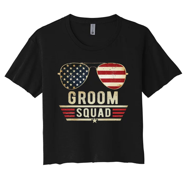 Groom Squad Bachelor Party Grooms Wedding USA Sunglasses Women's Crop Top Tee