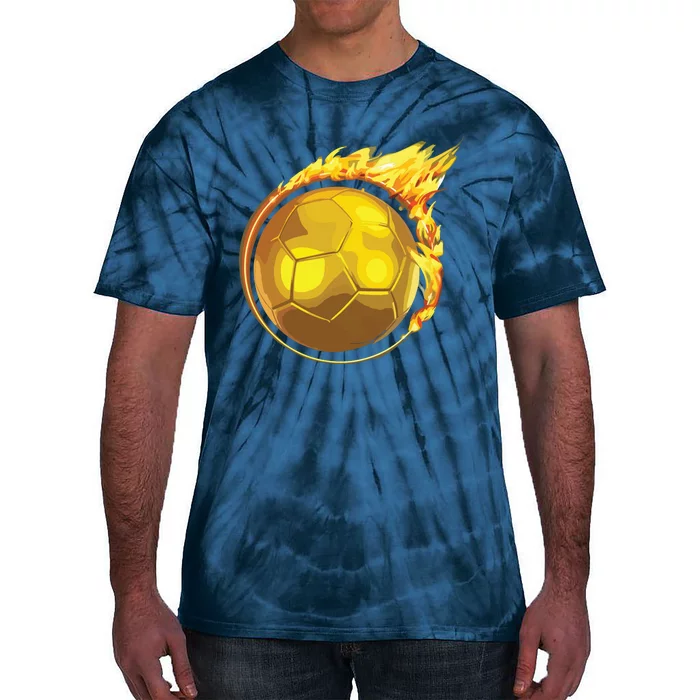 Gold Soccer Ball Flames Flaming Flying Soccer Ball On Fire Tie-Dye T-Shirt