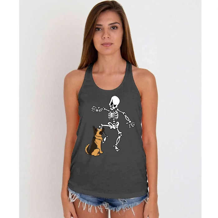 German Shepherd Biting Skeleton Leg Halloween Women's Knotted Racerback Tank