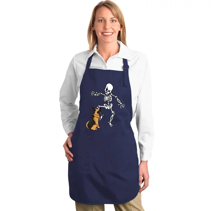 German Shepherd Biting Skeleton Leg Halloween Full-Length Apron With Pocket