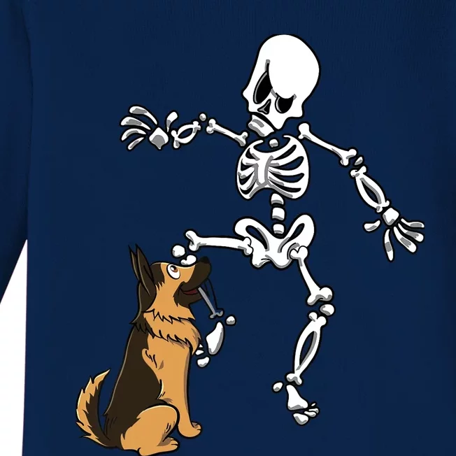 German Shepherd Biting Skeleton Leg Halloween Baby Long Sleeve Bodysuit