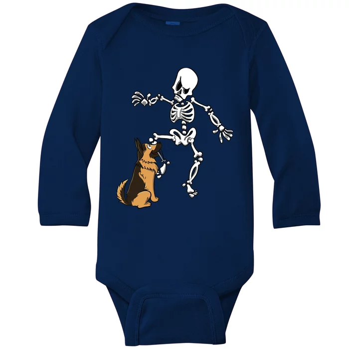 German Shepherd Biting Skeleton Leg Halloween Baby Long Sleeve Bodysuit