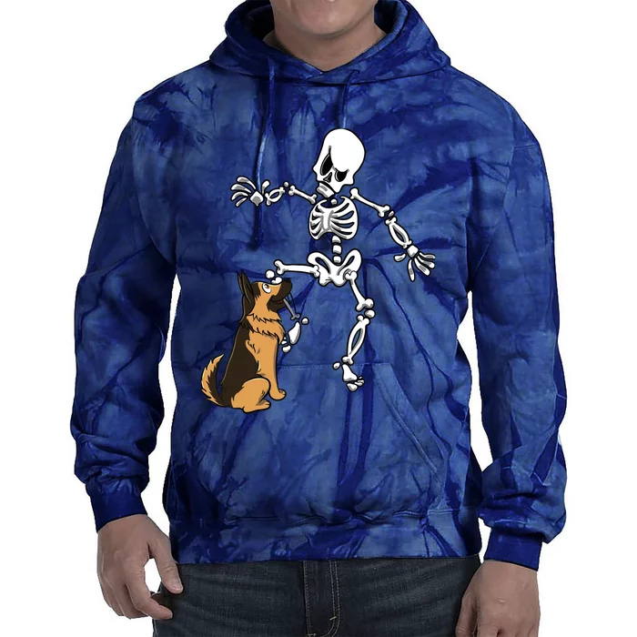 German Shepherd Biting Skeleton Leg Halloween Tie Dye Hoodie